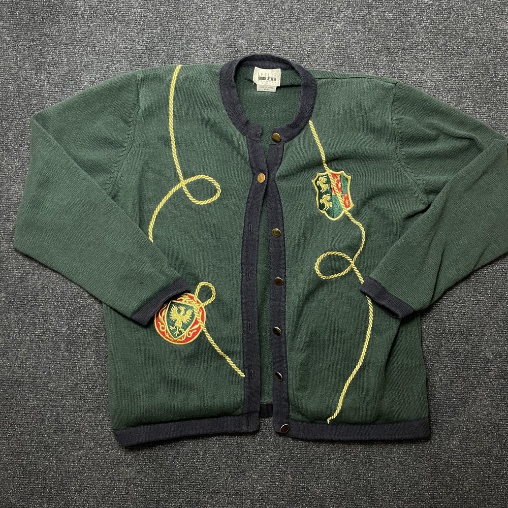 Vintage Leslie Fay Cardigan Sweater Womens Med Green Crewneck Crest Embroidered